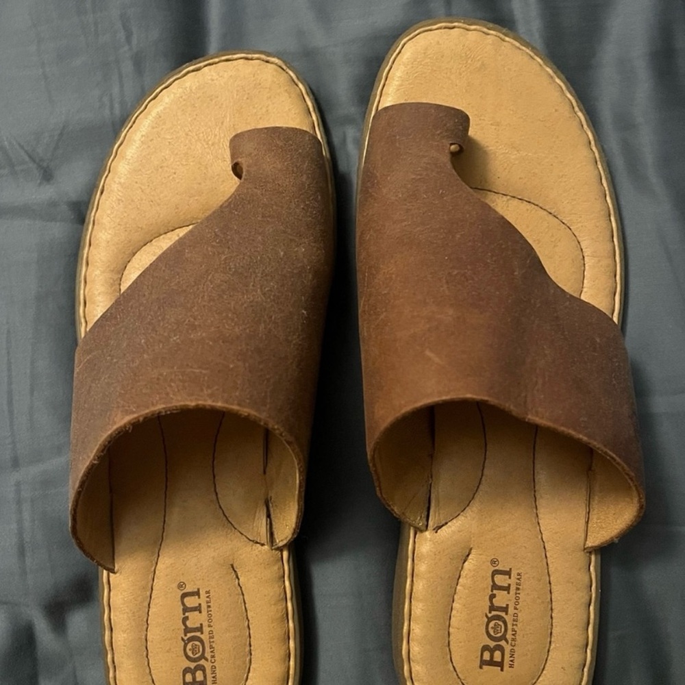 Born Tan and Brown Leather Slide Sandals